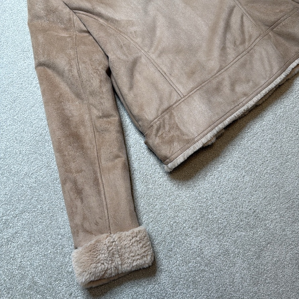 Topshop Camel Suedette Faux Fur Moto Biker Jacket with Belt - US 4 - Picture 6 of 10